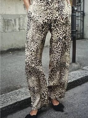 Zara Leopard Print Wide-Leg Women's Pants - Beige/Black